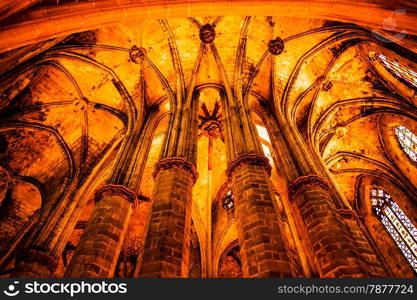 Interior of Santa Maria del Mar, the most beautiful gothic church in Barcelona