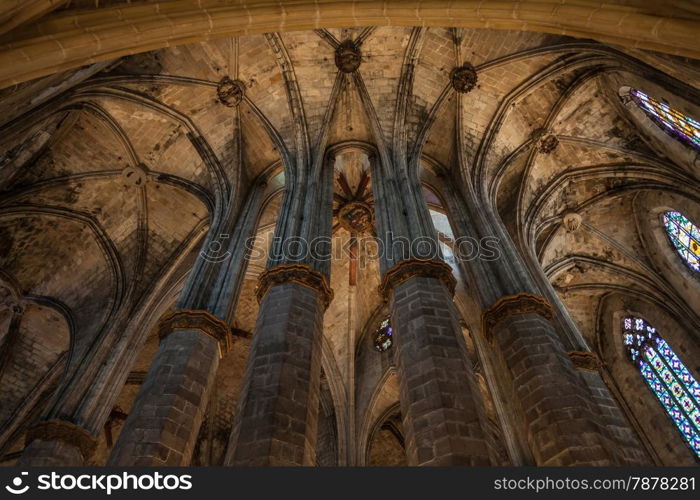 Interior of Santa Maria del Mar, the most beautiful gothic church in Barcelona