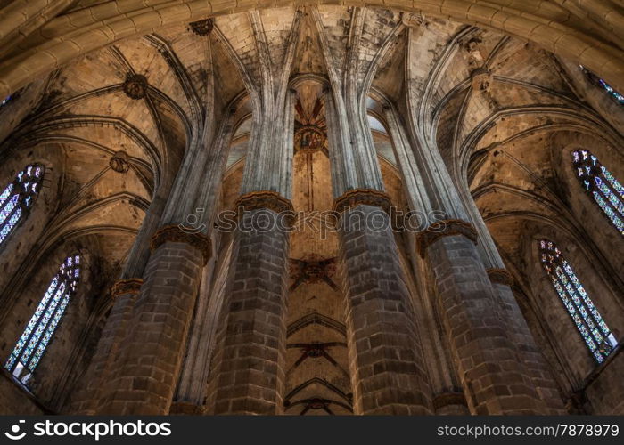 Interior of Santa Maria del Mar, the most beautiful gothic church in Barcelona