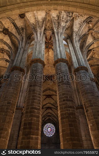 Interior of Santa Maria del Mar, the most beautiful gothic church in Barcelona