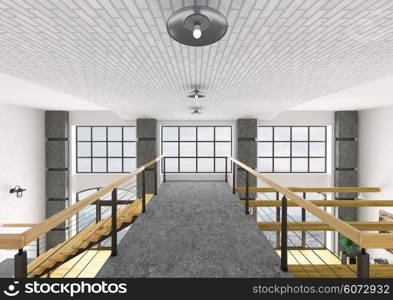 Interior of second floor with brick arc ceiling, loft house 3d rendering