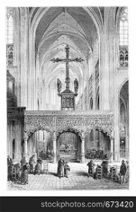 Interior of St. Peter and St. Paul's Church in Liege, Belgium, drawing by Barclay based on a photograph, vintage illustration. Le Tour du Monde, Travel Journal, 1881
