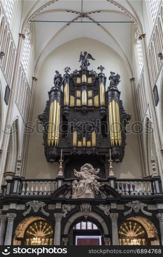 Interior of St. Salvators Cathedral in the historic city of Bruges in Belgium. The organ of the cathedral was originally built by Jacobus Van Eynde (1717a??1719) and was expanded and rebuilt three times in the 20th century