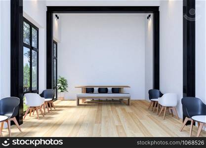 Interior of Stylish Cafe with Long Table, 3D Rendering