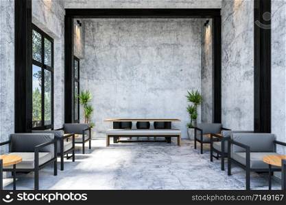 Interior of Stylish Modern Loft Cafe with Long Table, 3D Rendering