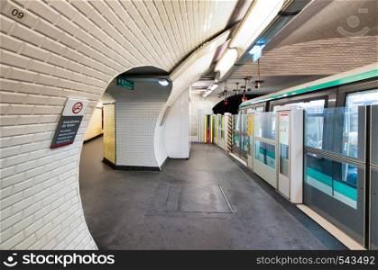 Interior of Subway Station in Paris. Metro train.
