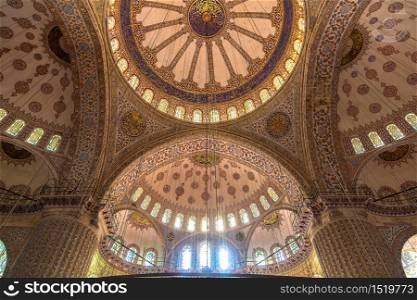 Interior of Sultanahmet Mosque (Blue Mosque) in Istanbul, Turkey in a beautiful summer day