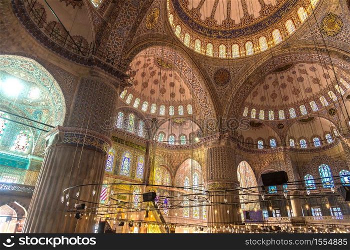 Interior of Sultanahmet Mosque (Blue Mosque) in Istanbul, Turkey in a beautiful summer day