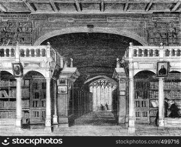 Interior of the Bodleian Library at the University of Oxford, vintage engraved illustration. Magasin Pittoresque 1842.