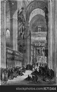 Interior of the Cathedral of Seville, vintage engraved illustration. Le Tour du Monde, Travel Journal, (1865).