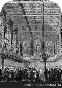 Interior of the House of Lords, Opening session, vintage engraved illustration. Magasin Pittoresque 1853.