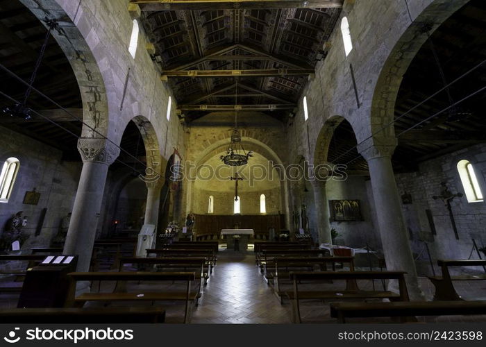 Interior of the medieval church of Saints Cornelio and Cipriano at Codiponte, Massa e Carrara province, Tuscany, Italy