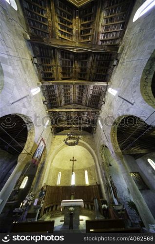 Interior of the medieval church of Saints Cornelio and Cipriano at Codiponte, Massa e Carrara province, Tuscany, Italy