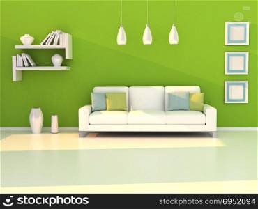 Interior of the modern room, green wall and white sofa