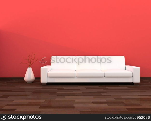 Interior of the modern room,light red wall and white sofa