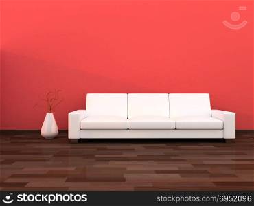 Interior of the modern room,light red wall and white sofa