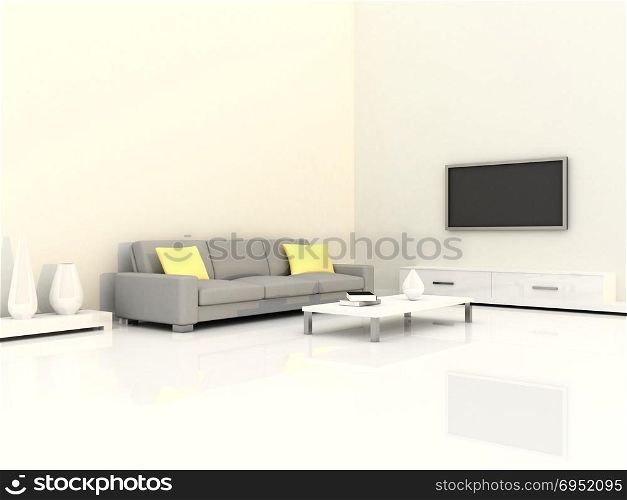 Interior of the modern room, white wall and grey sofa