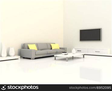Interior of the modern room, white wall and grey sofa