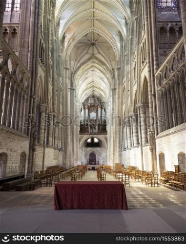 interior of very high cathedral in french town of Saint-Quentin