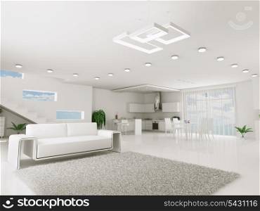 Interior of white apartment kitchen dining room 3d render