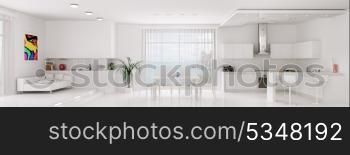 Interior of white apartment kitchen dining room panorama 3d render