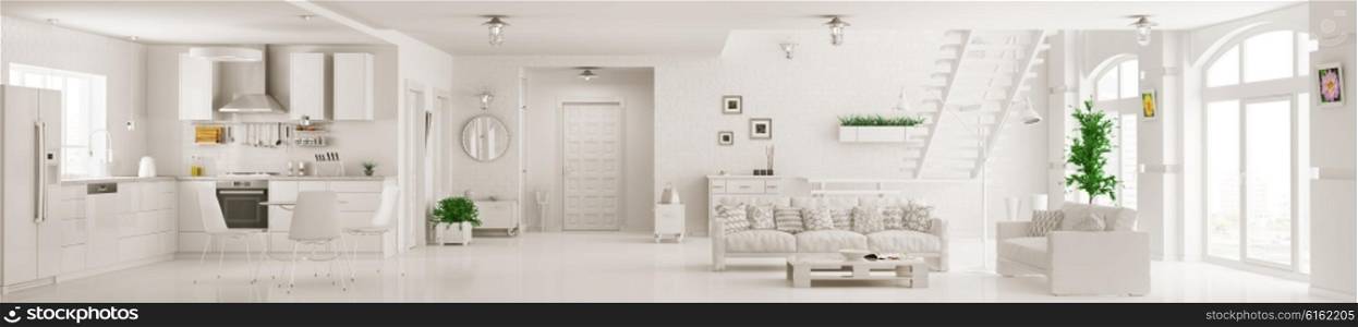 Interior of white apartment kitchen hall living room staircase panorama 3d rendering