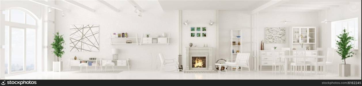 Interior of white apartment, living room, dining room, lounge area with fireplace, panorama 3d rendering