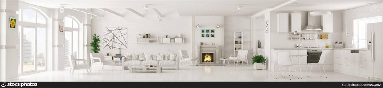 Interior of white apartment, living room, kitchen, lounge area with fireplace, panorama 3d rendering