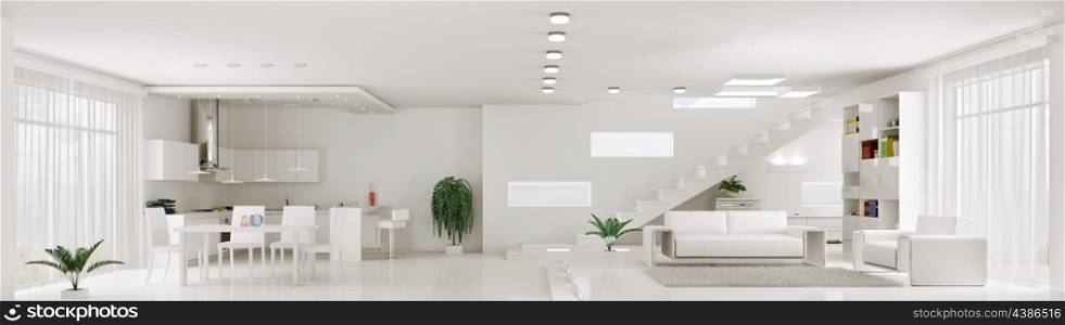 Interior of white apartment living room kitchen panorama 3d render