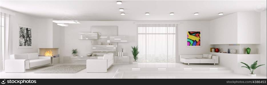 Interior of white apartment living room panorama 3d render