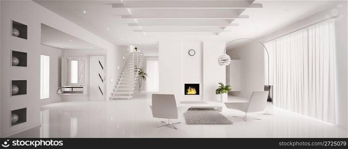 Interior of white apartment with fireplace and staircase 3d render