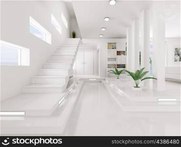 Interior of white entrance hall with staircase 3d render