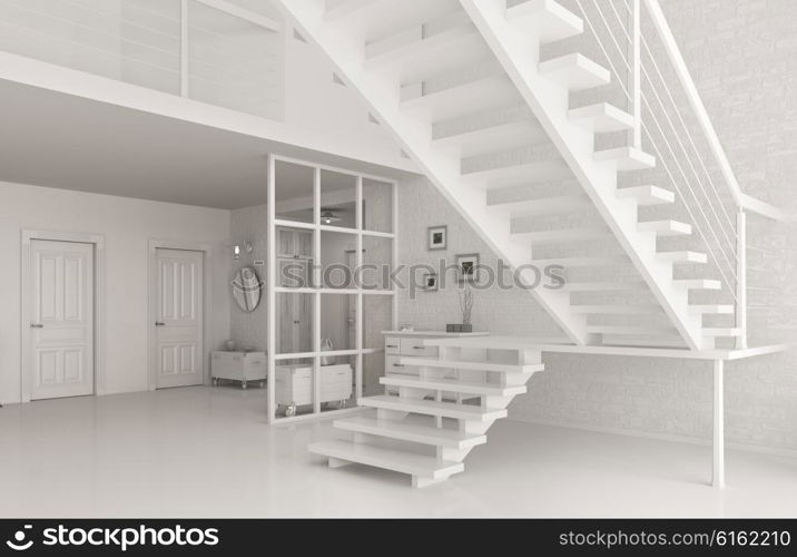 Interior of white entrance hall with staircase 3d rendering