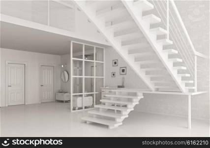 Interior of white entrance hall with staircase 3d rendering