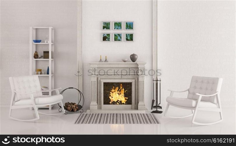Interior of white living room with fireplace and two rocking chairs 3d render
