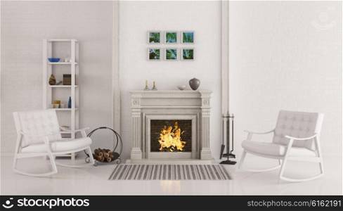 Interior of white living room with fireplace and two rocking chairs 3d render