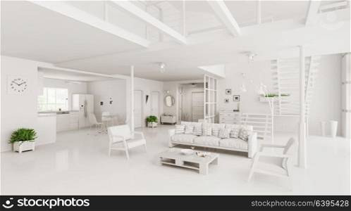 Interior of white modern house, living room, hall, kitchen, staircase 3d rendering