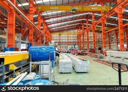 Interior of workshop. industrial factory production in mechanical engineering for manufacture of metal sheet roofing working areas