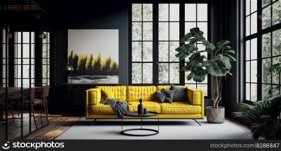 Interior of yellow and black living room of modern apartment. distinct generative AI image.. Interior of yellow and black living room of modern apartment