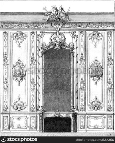 Interior panel of Rohan hotel specimen decoration of the time of Louis XV, by Boffrand, vintage engraved illustration. Magasin Pittoresque 1852.