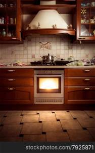 Interior photo of country style kitchen with hot oven