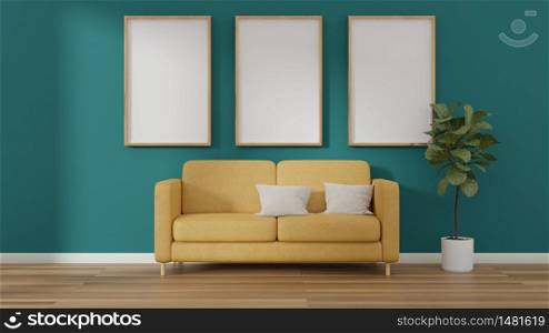 Interior photo poster mock up frame and yellow sofa chair near by window. 3D rendering.