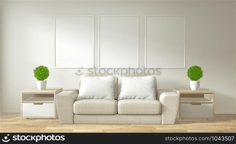 Interior poster frame mock up living room with white sofa room minimal design. 3D rendering.