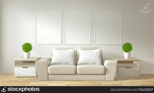 Interior poster frame mock up living room with white sofa room minimal design. 3D rendering.