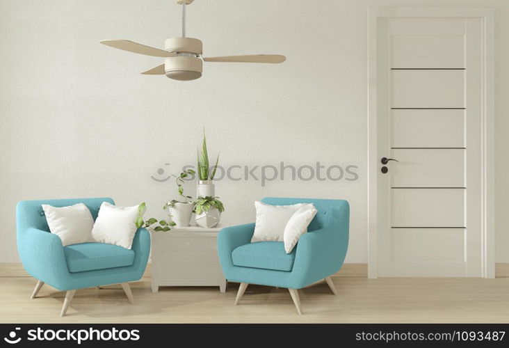 Interior poster mock up living room with blue armchair and decoration. 3D rendering.