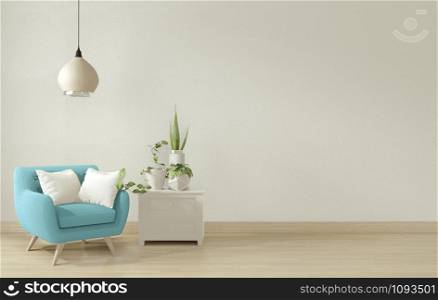 Interior poster mock up living room with blue armchair and decoration. 3D rendering.