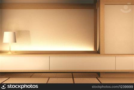 interior poster mock up scene top table cabinet Tv wooden and japanese decoration. 3D rendering