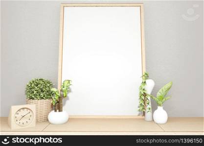 interior poster mock up scene top table wooden and white picture for editing. 3D rendering