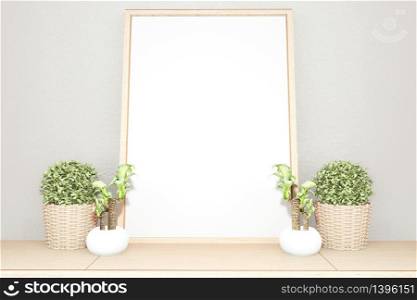 interior poster mock up scene top table wooden and white picture for editing. 3D rendering
