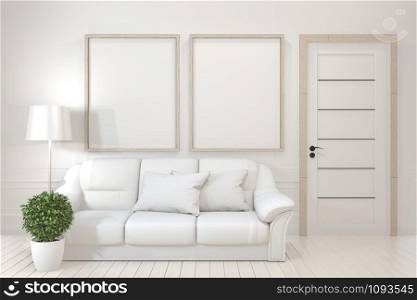 Interior poster mock up with empty wooden frames, sofa, plant and lamp in empty room with white wall. 3D rendering